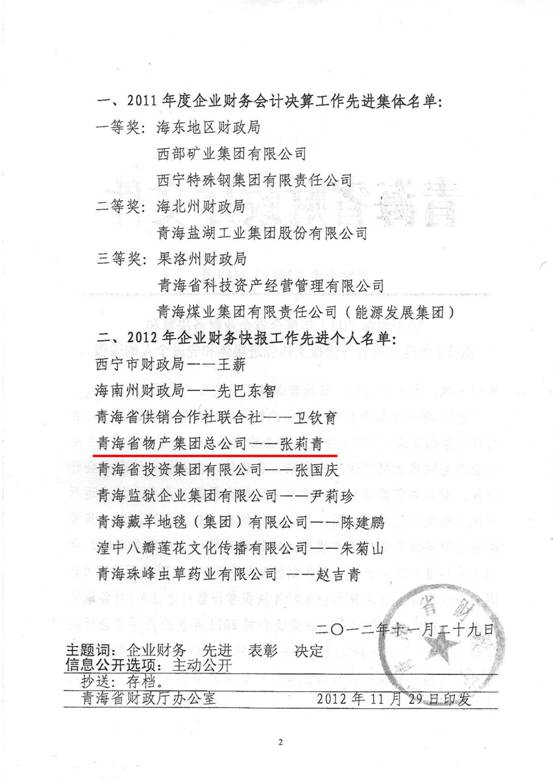 物產(chǎn)集團榮獲2011年度財務(wù)決算先進單位、2012年度財務(wù)快報工作先進個人表彰